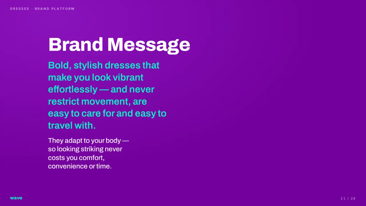 Dresses brand platform — Brand message and reasons to believe, slide 21 of 28