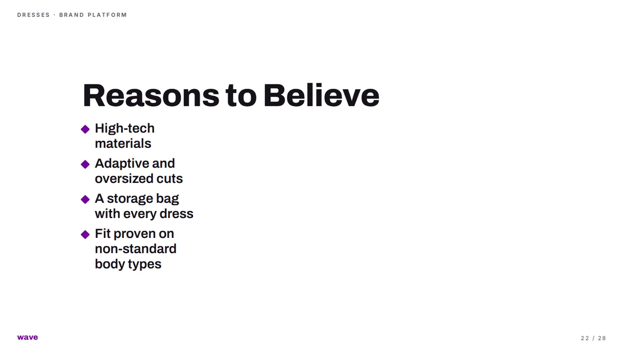 Dresses brand platform — Brand message and reasons to believe, slide 22 of 28