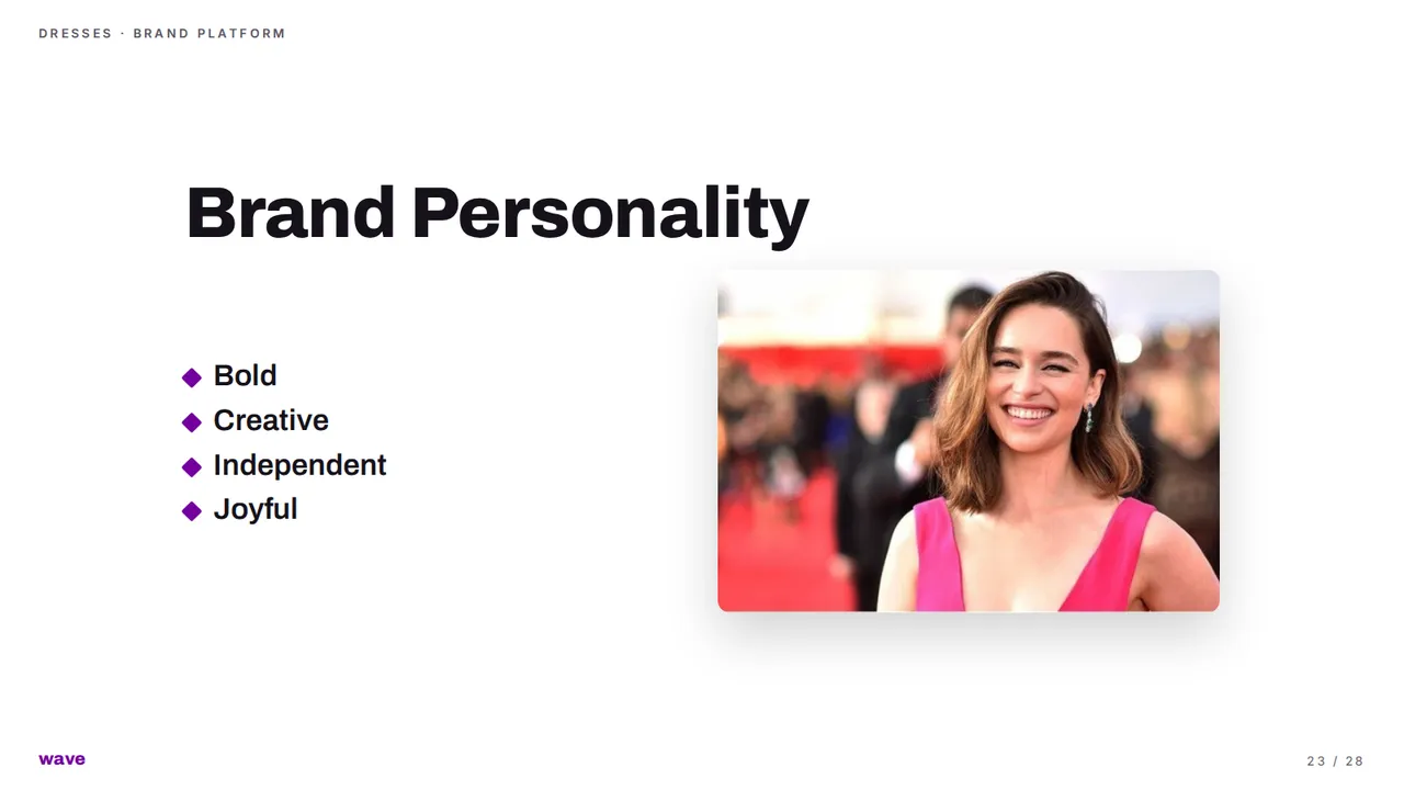 Dresses brand platform — Personality, role model, values, slide 23 of 28