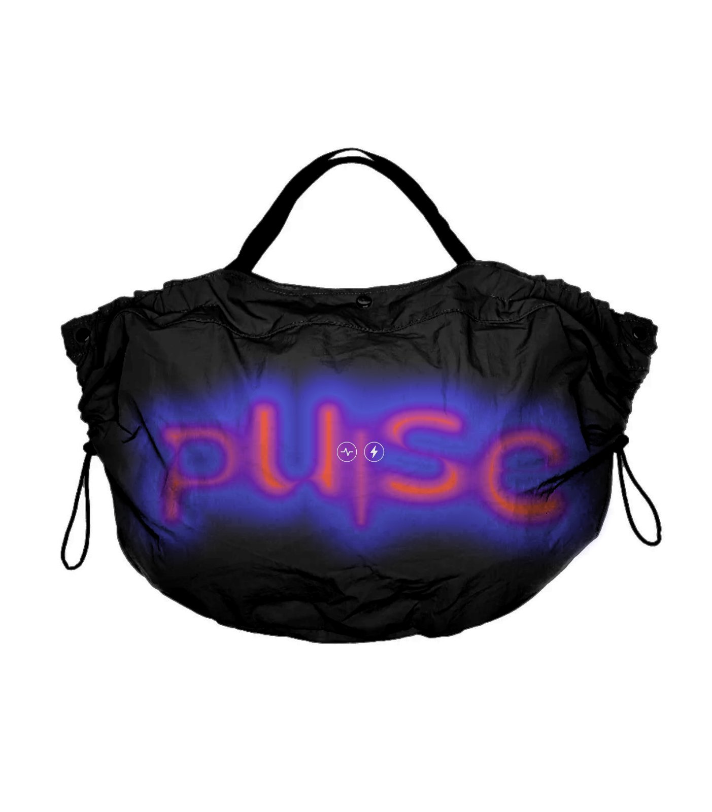 Black nylon bag with the word Pulse in the Dark palette and two small icons
