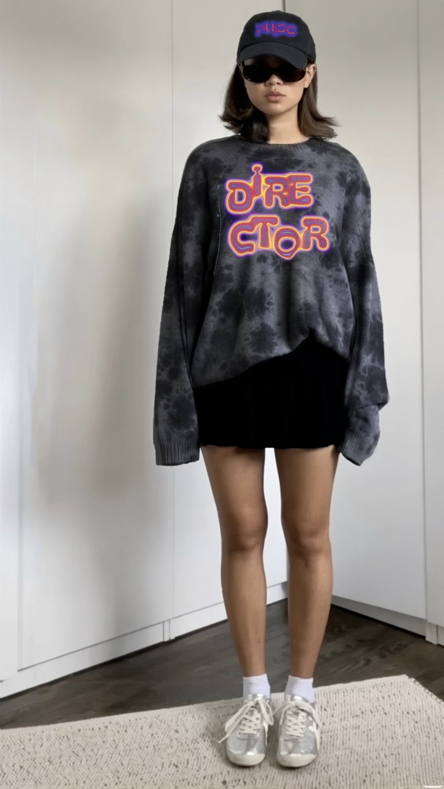 Oversized tie-dye sweater with the word DIRECTOR in living letters and the ultrasound scale, black cap with Pulse in the Dark palette