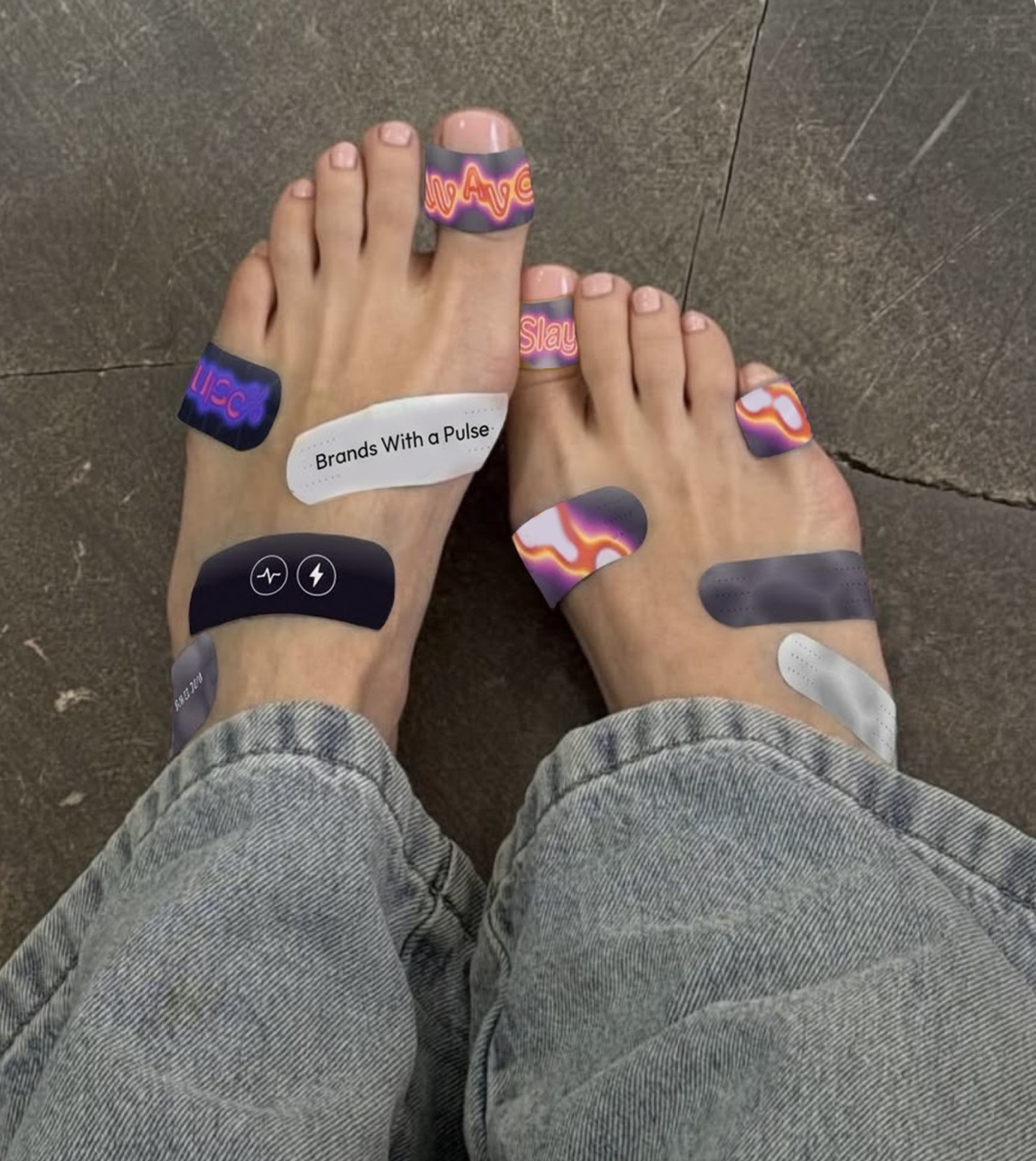 Feet with Wave plasters: living letters, merging blobs, cells, the slogan and icons