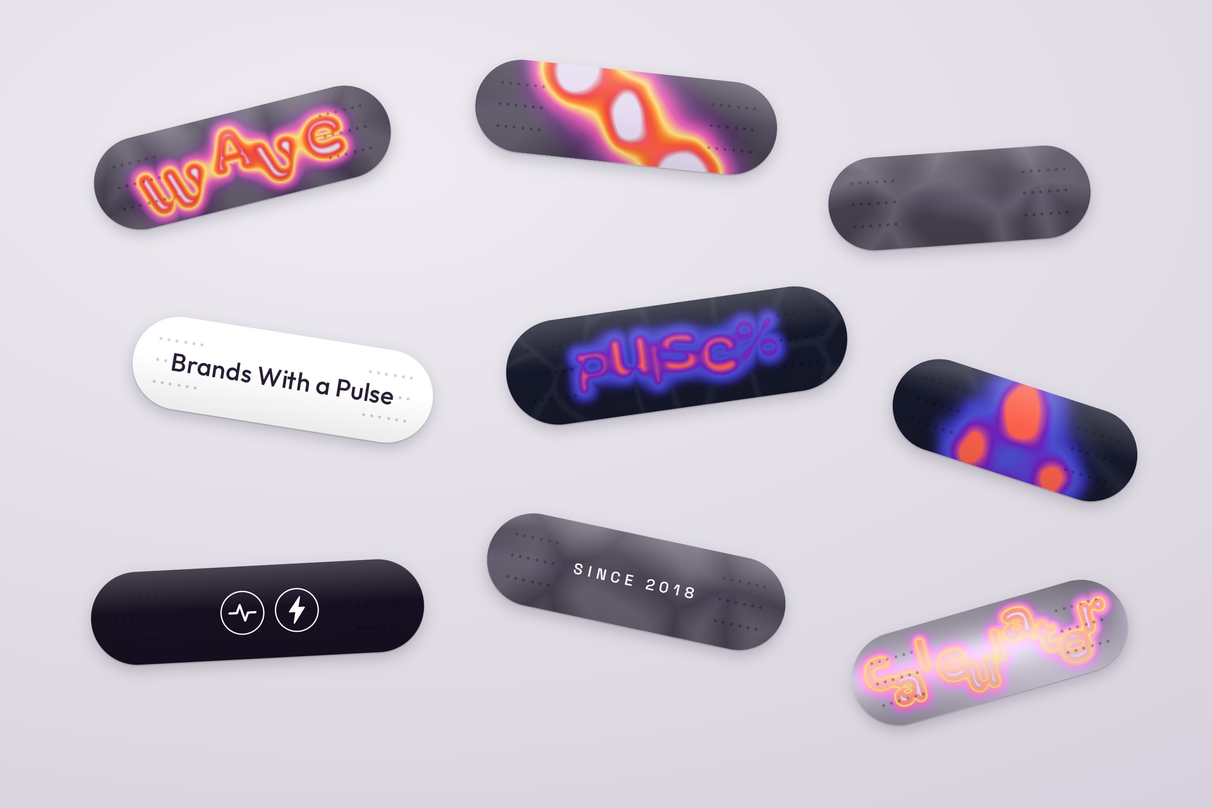 A set of plasters printed with living letters, palettes, cells, the slogan and icons