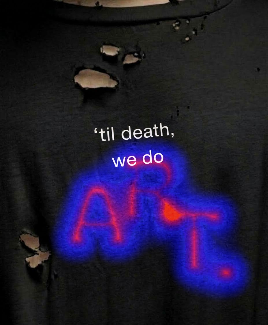 Black distressed T-shirt: small white text 'til death, we do and the word ART in living letters in the Dark palette