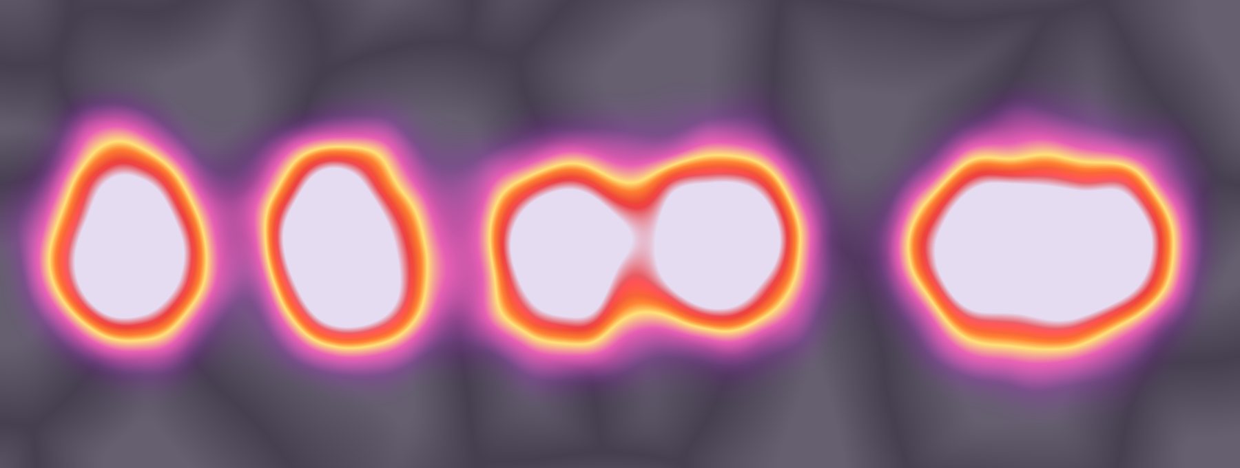 Two glowing heat-map circles at three stages: apart, touching, merged into one form