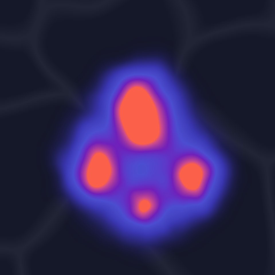 Dark palette: coral cores in an indigo glow on a near-black cell background