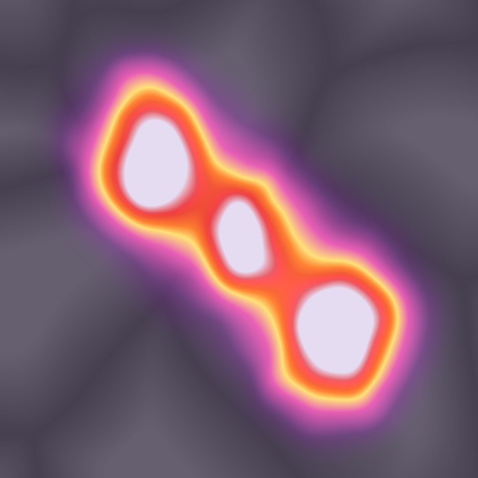 Main palette: three glowing blobs merging diagonally on a grey-violet cell background